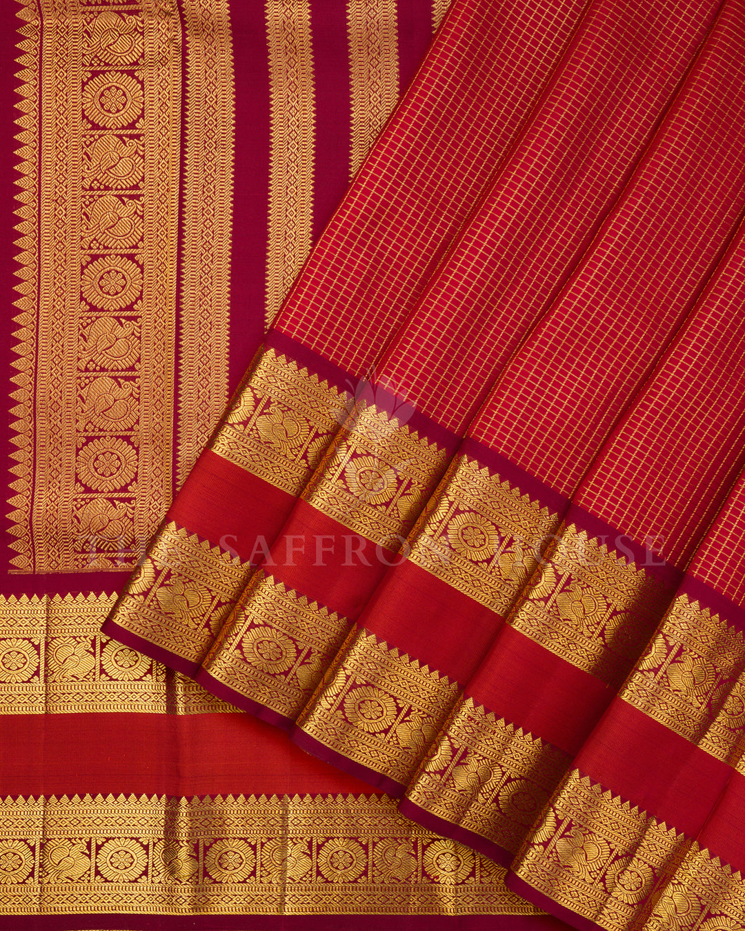 Crimson Red Kanchivaram Silk Saree with Gold Zari Checks & Temple Border