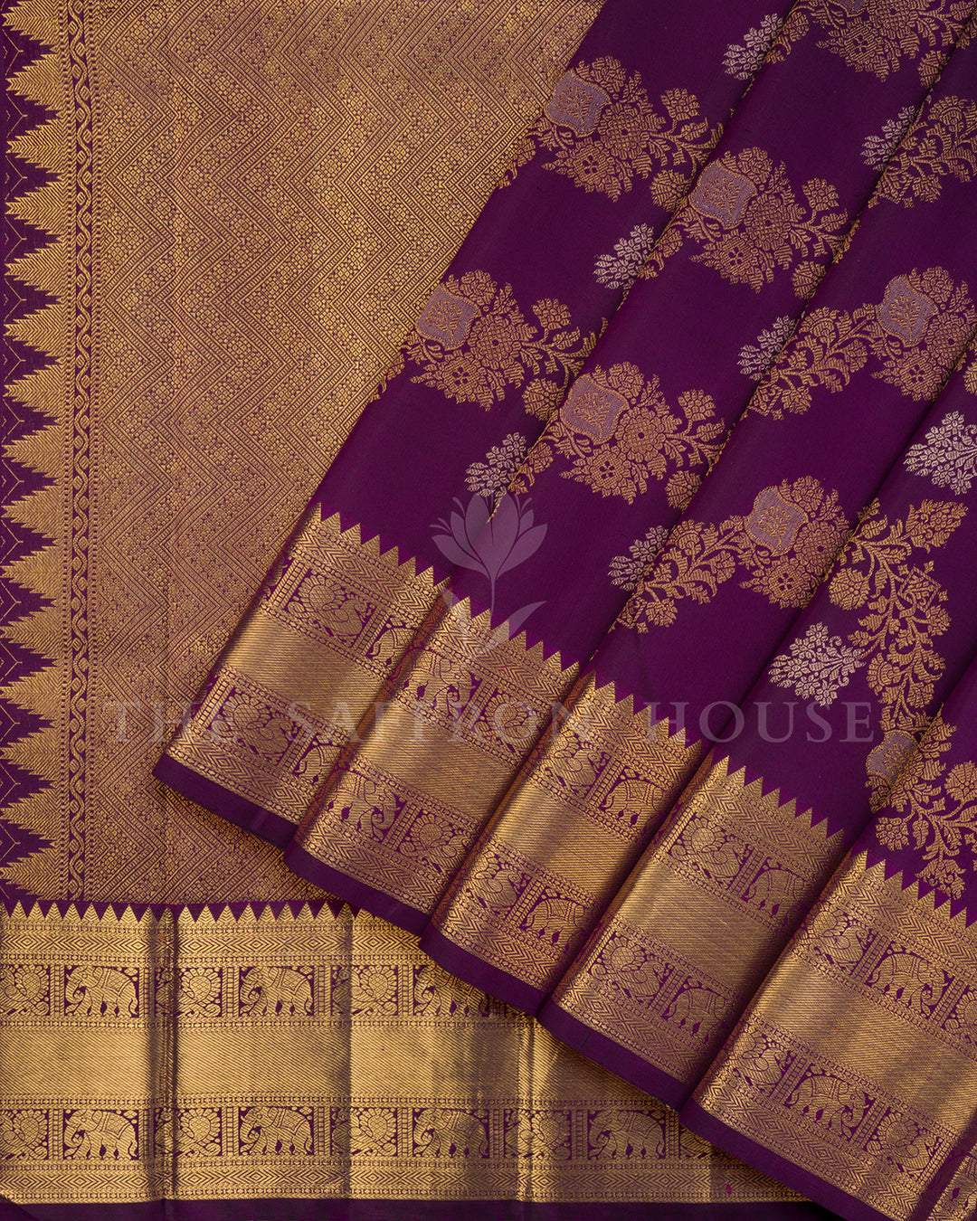 Deep Purple Kanchivaram Silk Saree with Gold Zari Floral Weave & Elephant Border