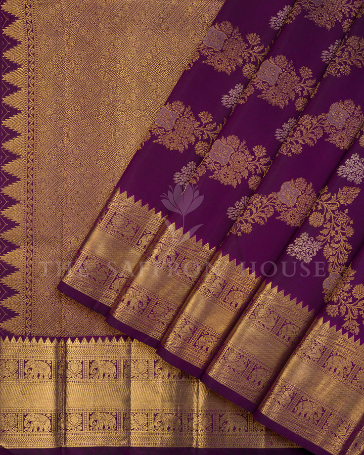 Deep Purple Kanchivaram Silk Saree with Gold Zari Floral Weave & Elephant Border