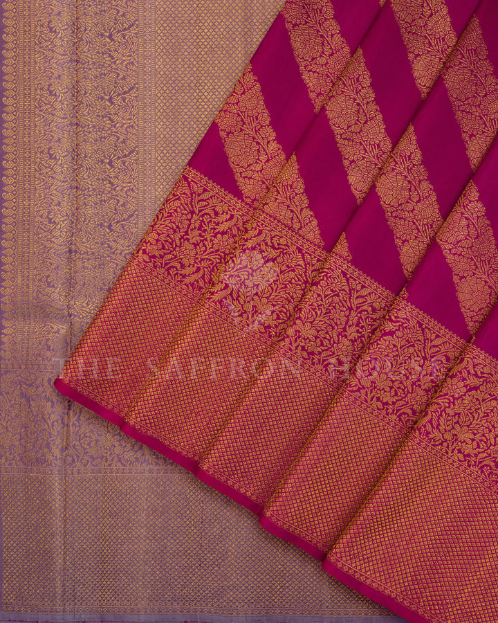 Magenta Kanchivaram Silk Saree with Diagonal Zari Floral Stripes & Lavender Contrast Pallu