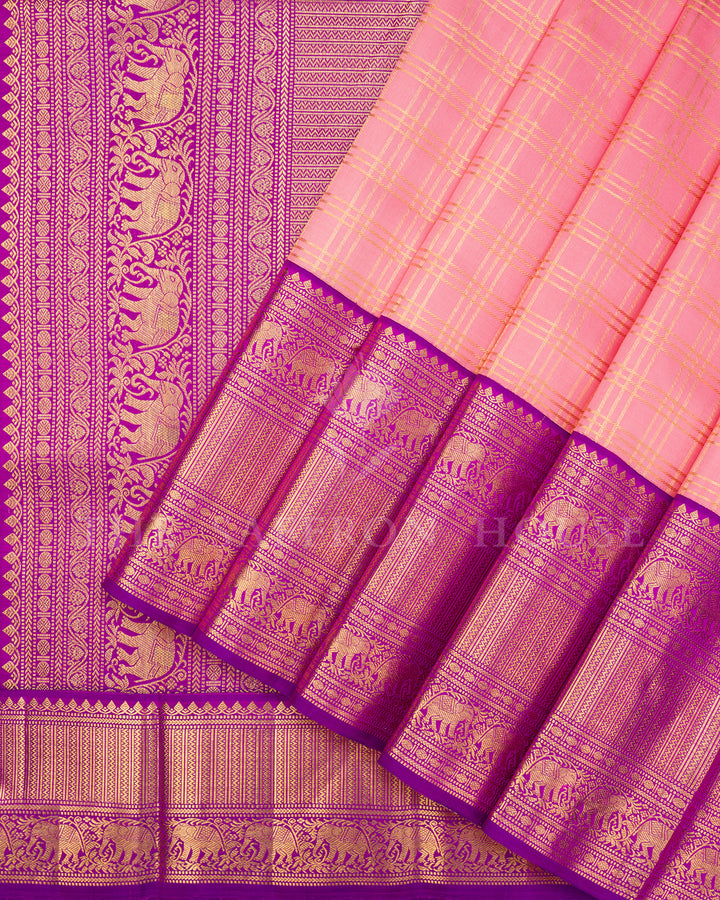Pink Kanchivaram Silk Saree with Gold Zari Checks & Purple Elephant Border