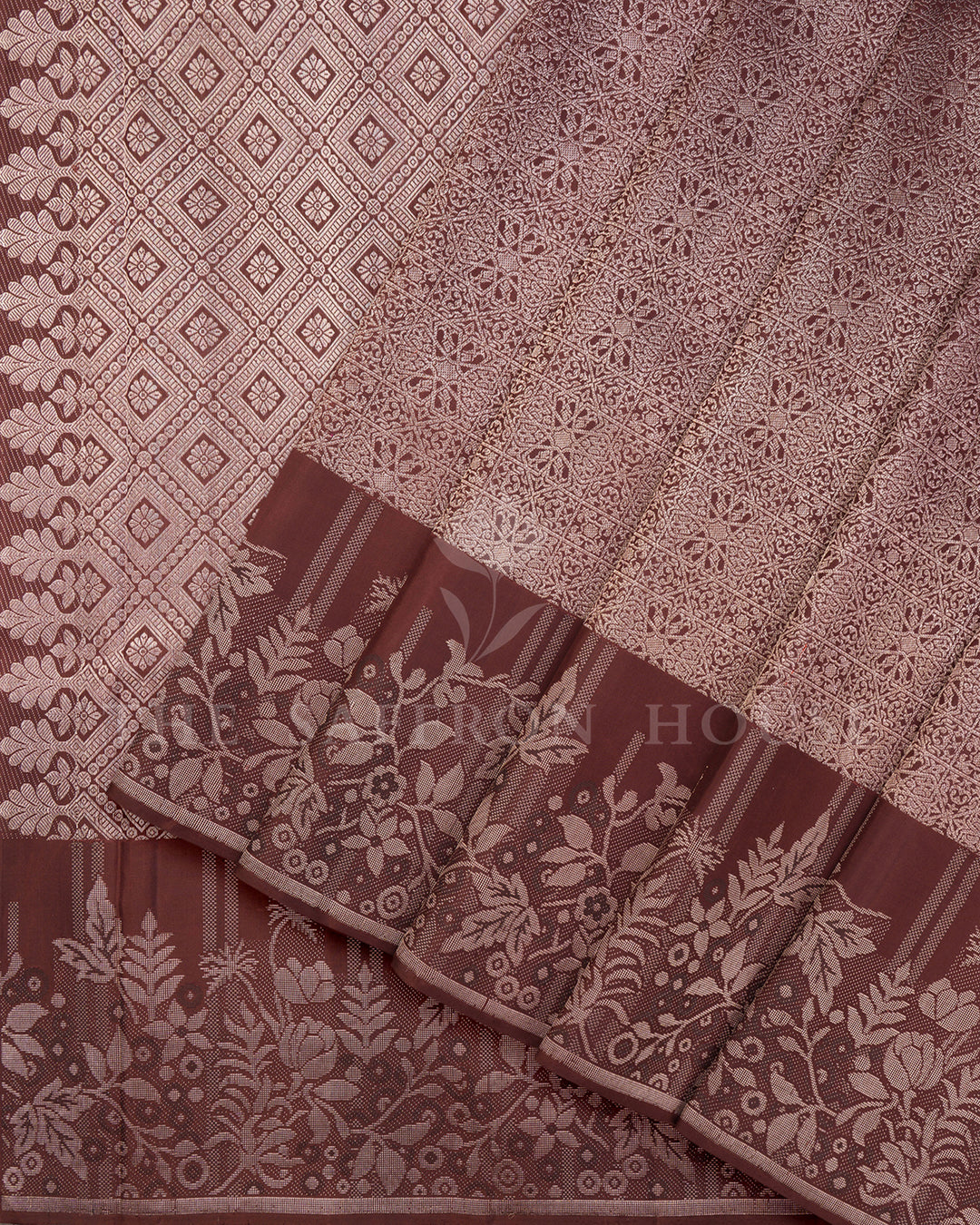 Maroon Kanchivaram Silk Saree with Silver Zari Diamond Jaal Weave & Floral Vine Border