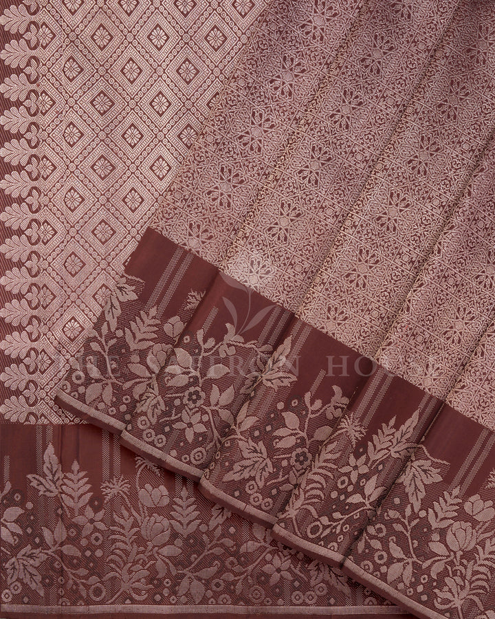 Maroon Kanchivaram Silk Saree with Silver Zari Diamond Jaal Weave & Floral Vine Border
