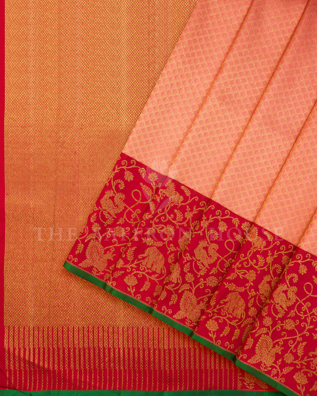 Peach Kanchivaram Silk Saree with Gold Zari Diamond Check Weave & Red Shikargah Border
