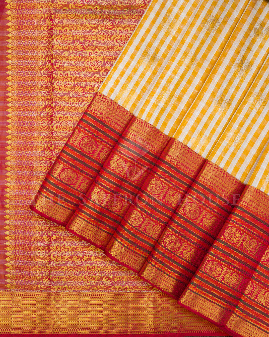 Yellow-White Checkered Kanchivaram Silk Saree with Maroon Temple Border & Floral Pallu