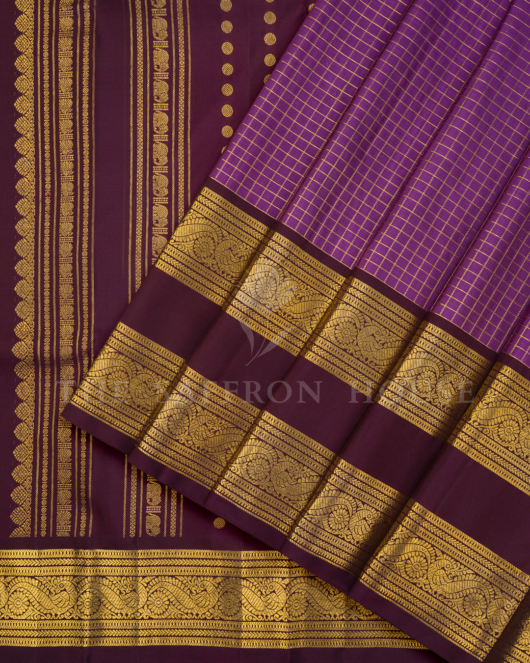 Lavender & Maroon Kanchivaram Silk Saree with Gold Zari