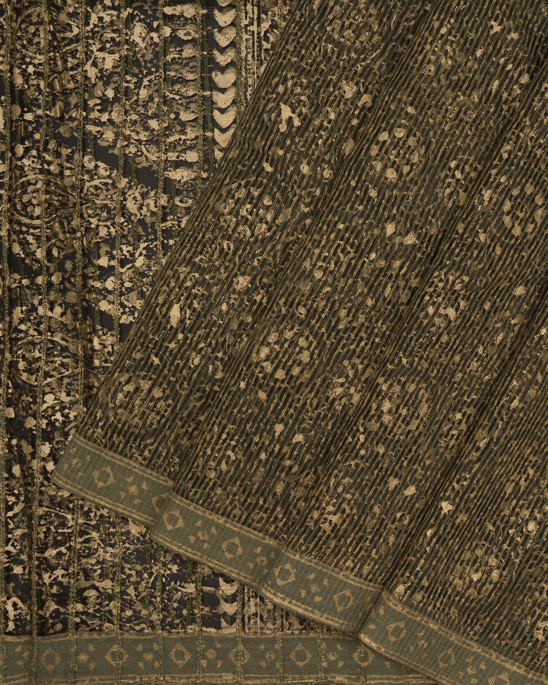 Olive Green Handwoven Tussar Organza Saree With Golden Zari Stripes - TSH2506071-view3