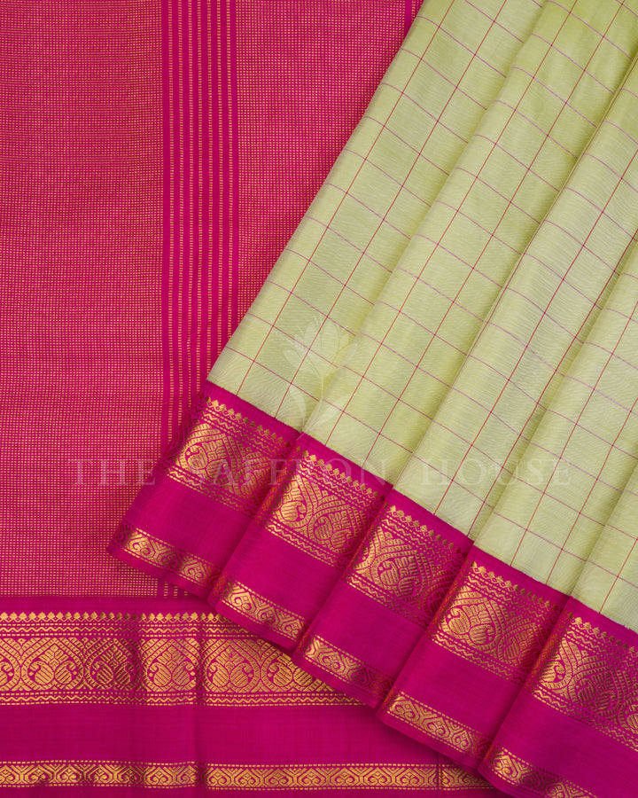 Handloom Pure Kanjivaram Silk Saree in Pista Green And Rani Pink - TSH250025