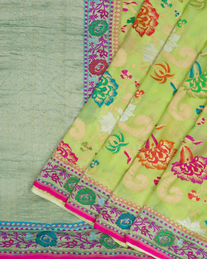 Light Parrot Green Handwoven Banarasi Georgette Saree - TSH846006