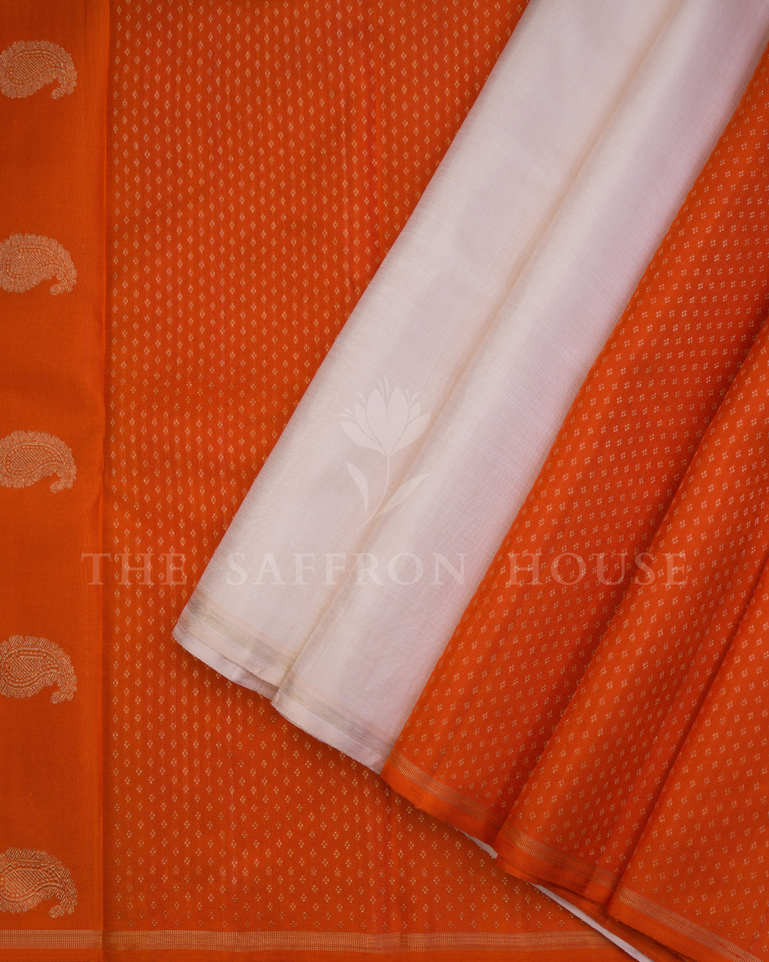 Handloom Half-and-Half Pure Kanjivaram Silk Saree in White And Orange - TSH250192