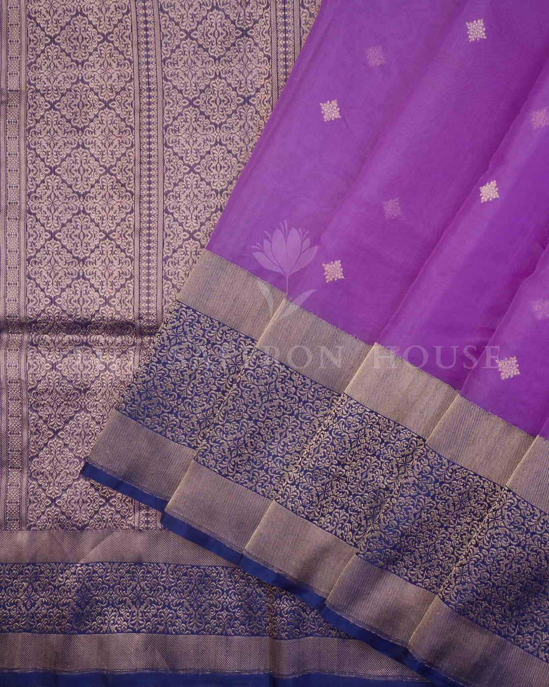 Violet Kadwa Banarasi Kora Organza Saree with Navy Meenakari Brocade Border