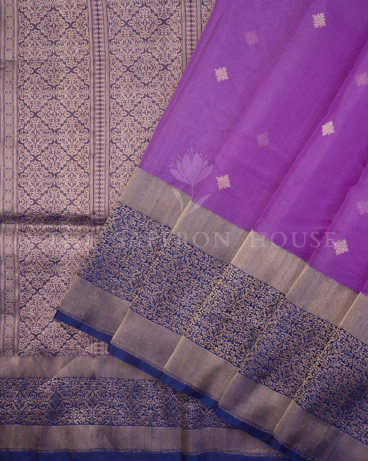 Violet Kadwa Banarasi Kora Organza Saree with Navy Meenakari Brocade Border