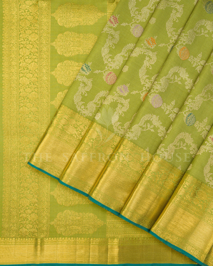 Lime Green Kanchivaram Silk Saree with Multicolor Meenakari Floral Vine Weave & Gold Zari Border