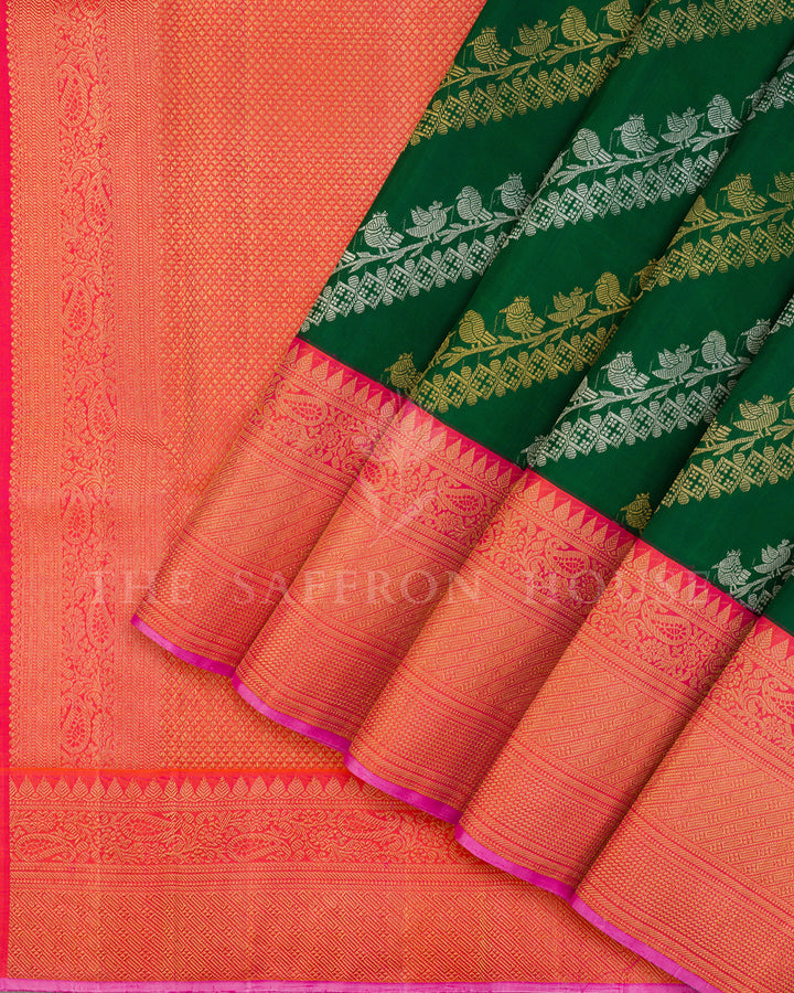 Bottle Green & Peach Kanchivaram Silk Saree