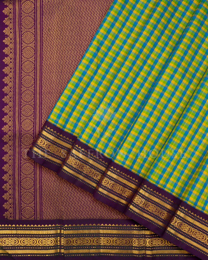 Multicolor Checkered Kanchivaram Silk Saree with Purple Zari Medallion Border