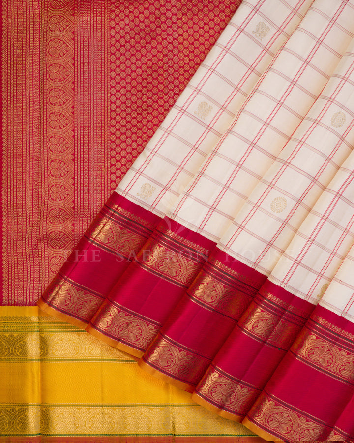 Handloom Kanjivaram Silk Saree in Off White, Red and Yellow - TSH250201