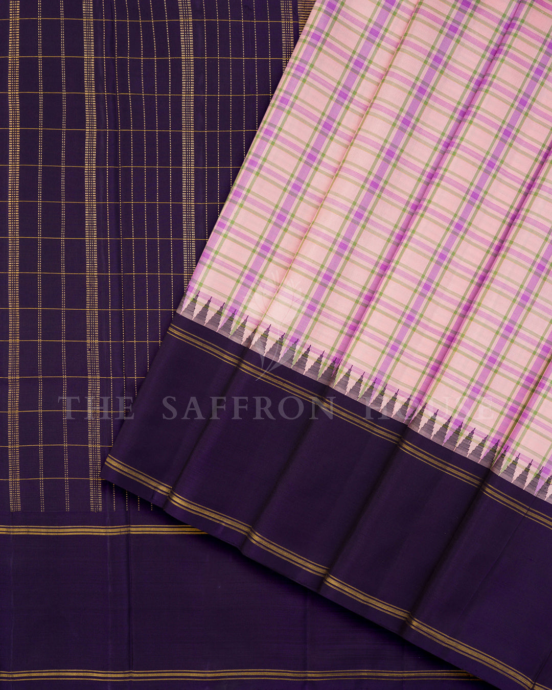 Pink Checkered Kanchivaram Silk Saree with Purple Zari Border & Temple Edge