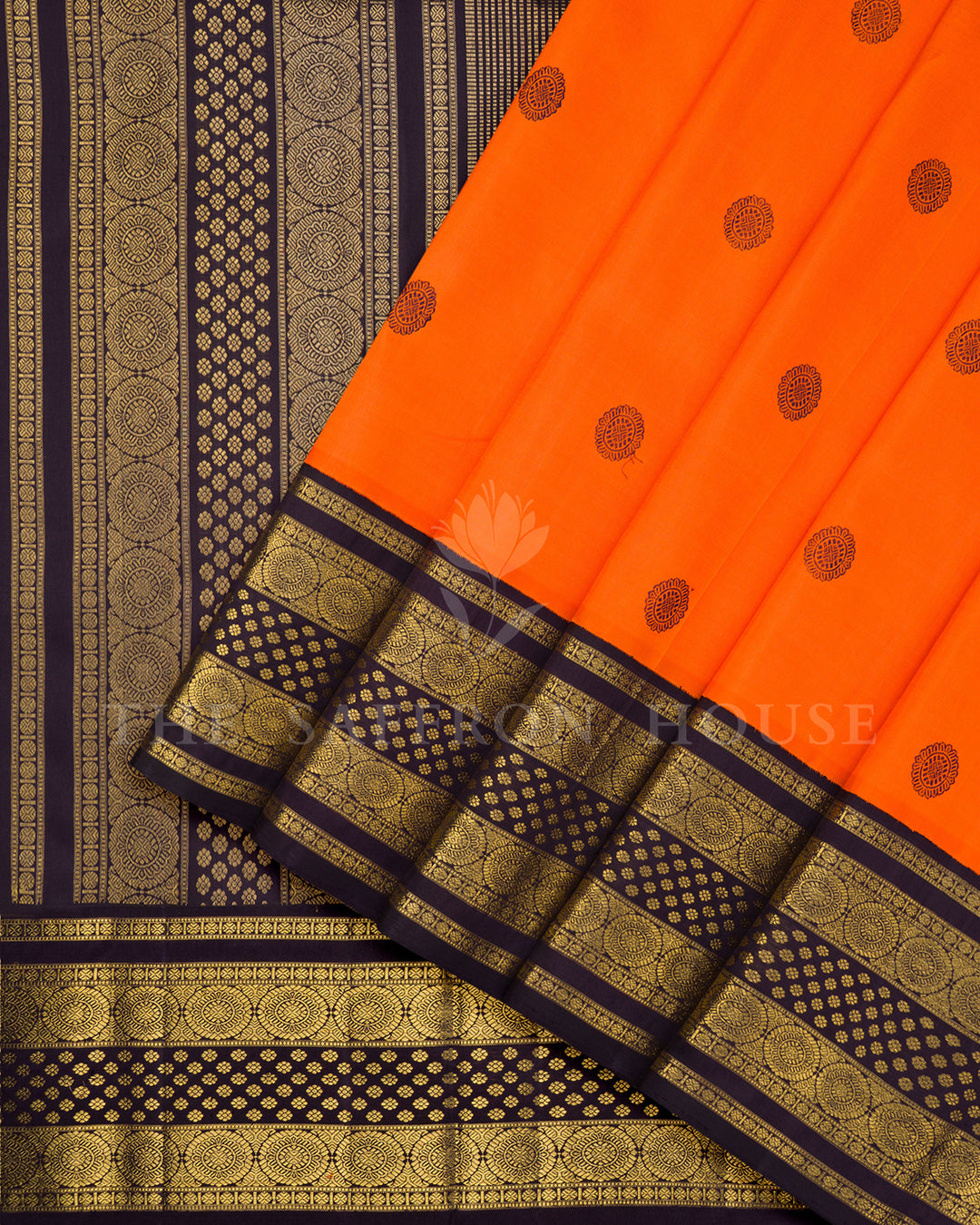 Orange Kanchivaram Silk Saree with Scattered Zari Butis & Deep Purple Medallion Border