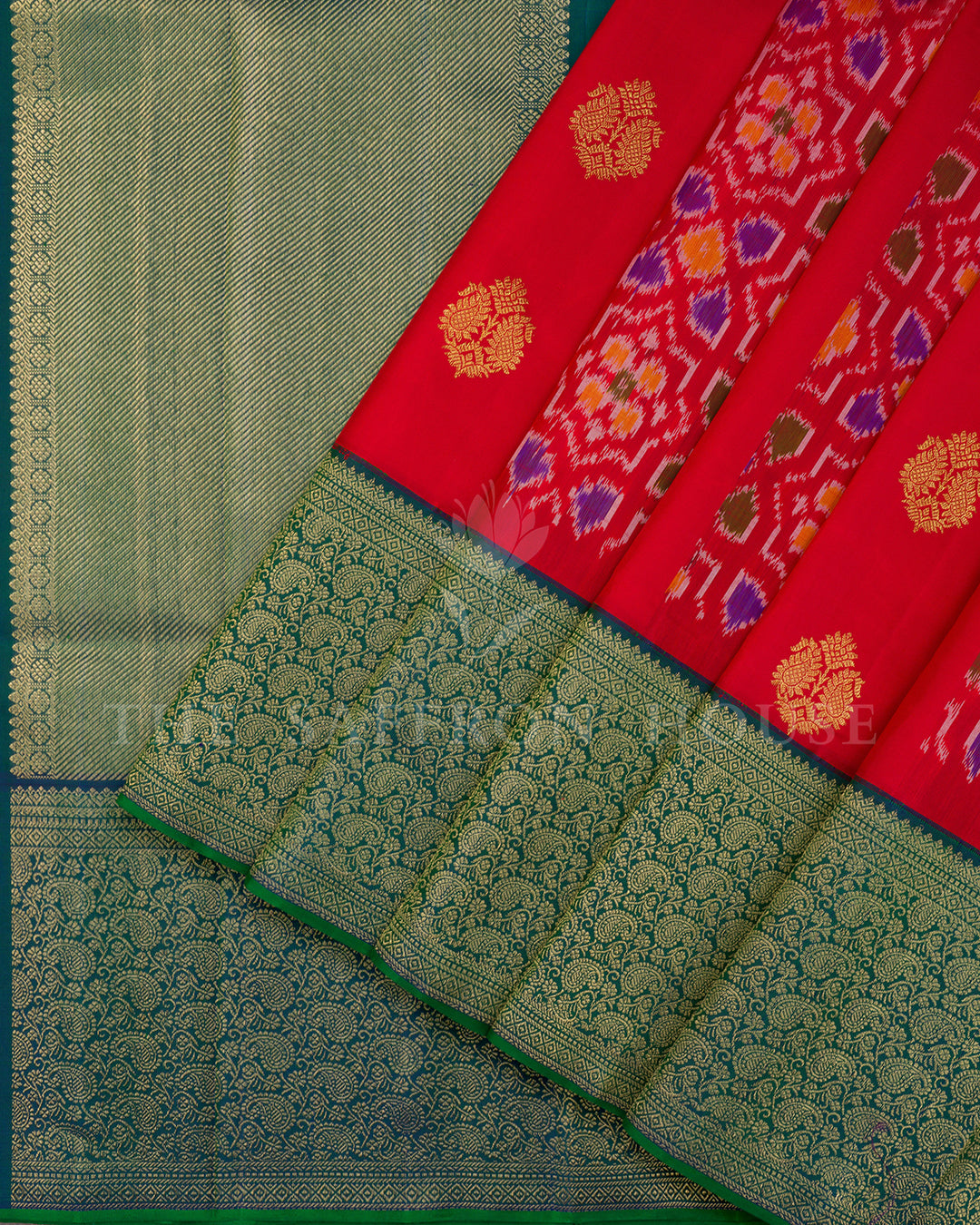 Red Ikat Kanchivaram Silk Saree with Teal Green Paisley Border & Pallu