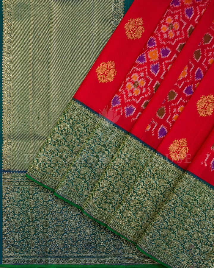 Red Ikat Kanchivaram Silk Saree with Teal Green Paisley Border & Pallu