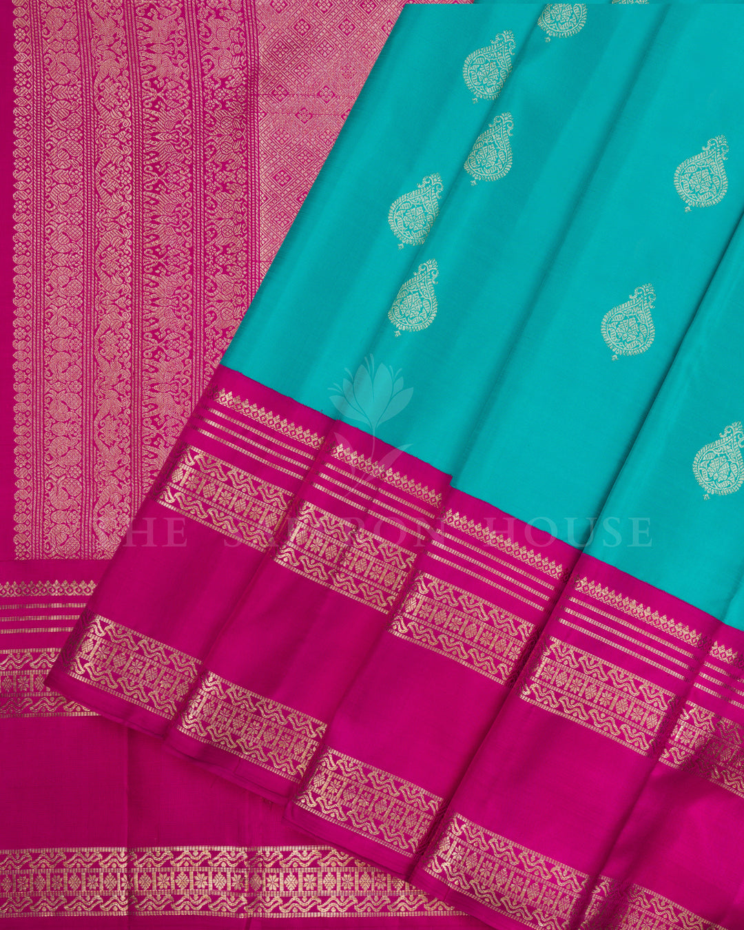 Turquoise Blue And Magenta Pink Retta Pett Handwoven Kanjivaram Silk Saree - TSH2506256