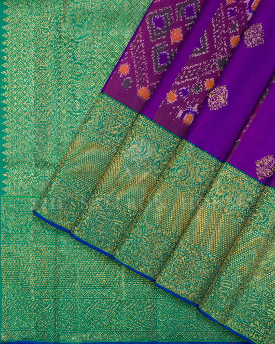 Purple Ikat Kanchivaram Silk Saree with Emerald Green Paisley Border & Pallu
