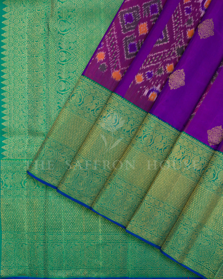 Purple Ikat Kanchivaram Silk Saree with Emerald Green Paisley Border & Pallu