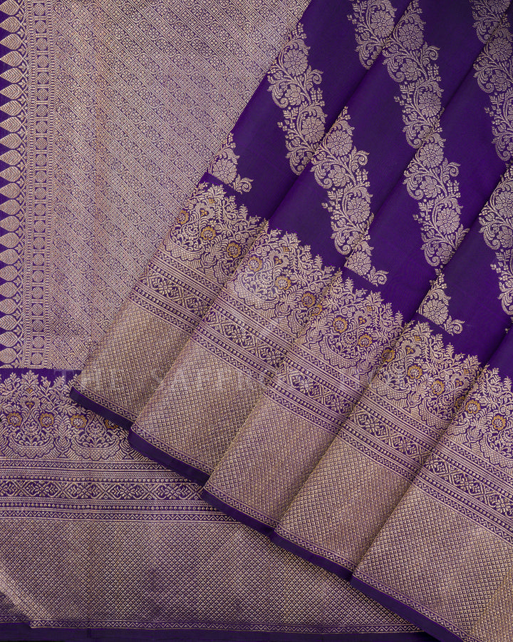 Deep Purple Kanchivaram Silk Saree with Diagonal Zari Floral Stripes & Peacock Border