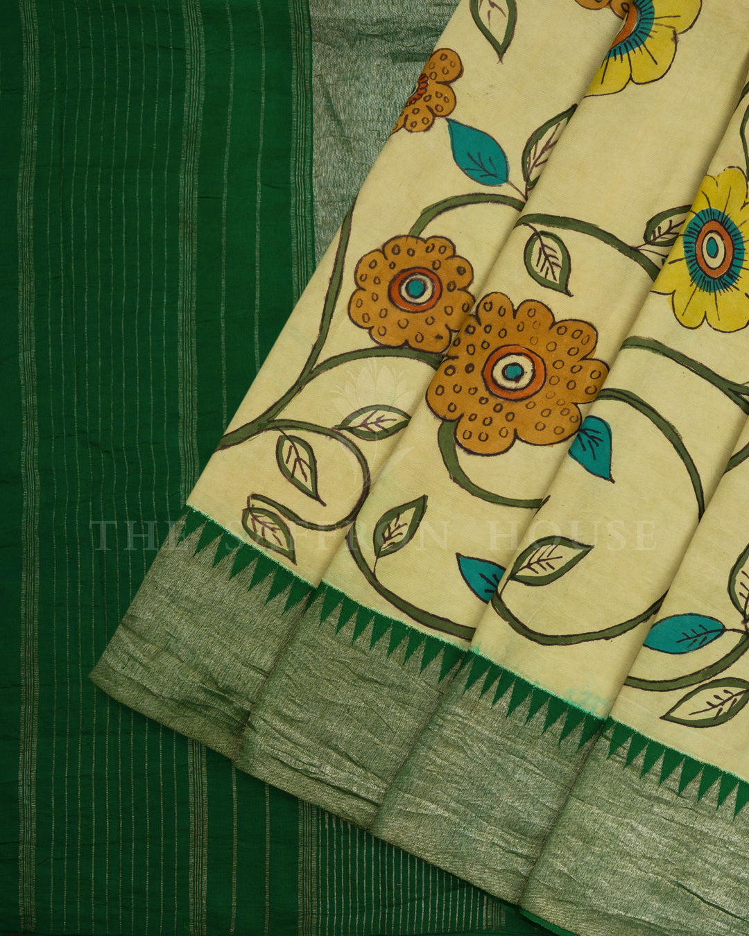 Light Pista Green And Dark Green Kanchi Kalamkari Silk Saree - TSH2506327