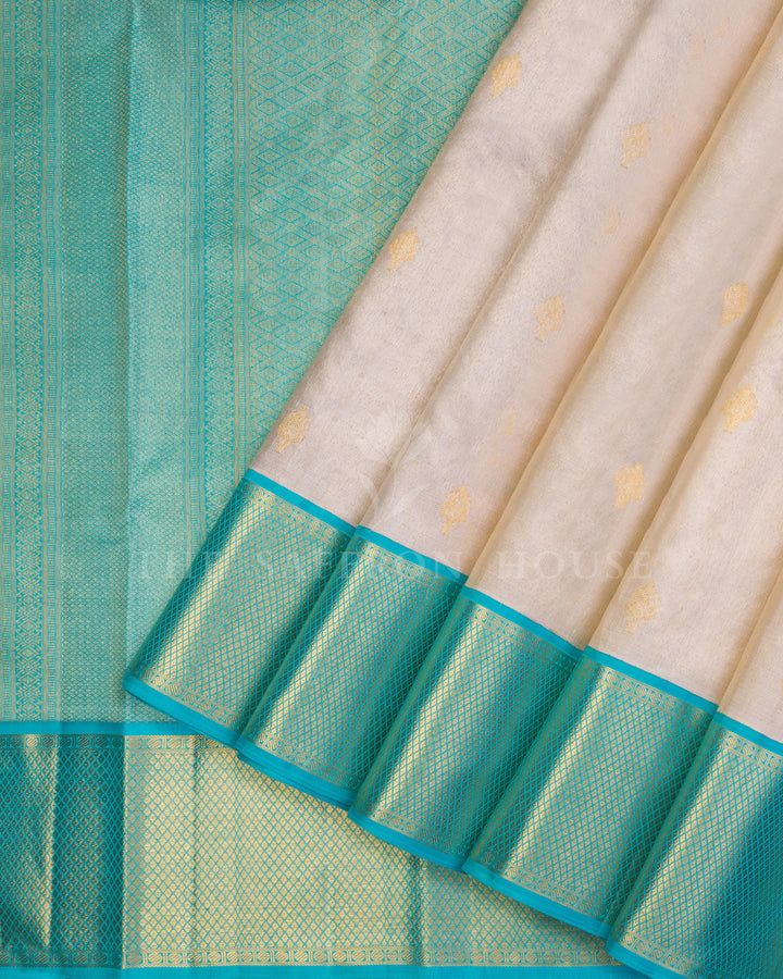 Handloom Pure Kanjivaram Silk Saree in Ivroy And Sky Blue - TSH250008
