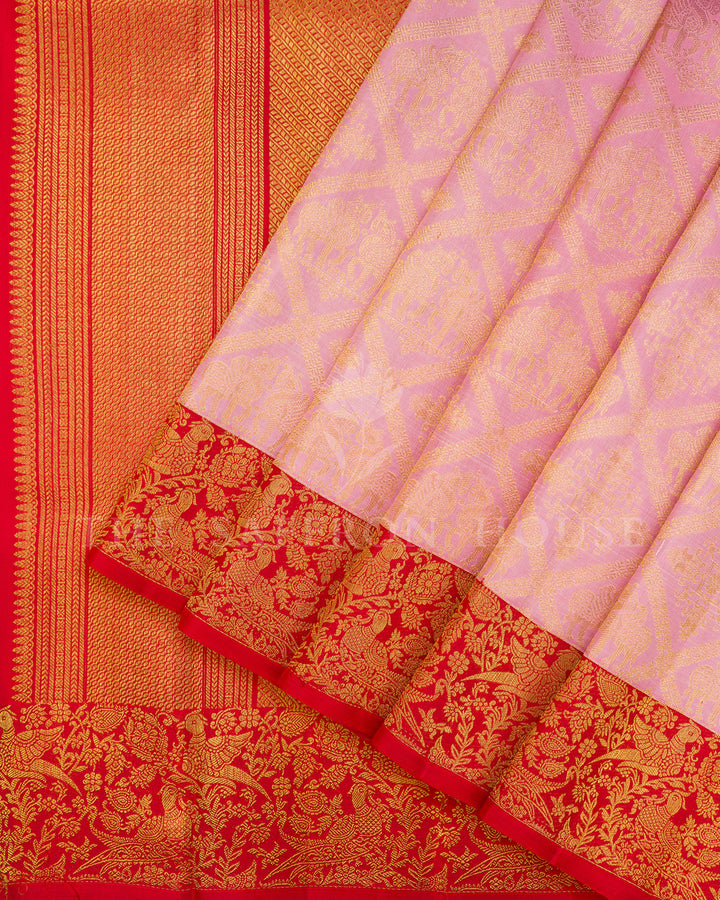Pink Kanchivaram Silk Saree with Gold Zari Diamond Grid Weave & Red Shikargah Border
