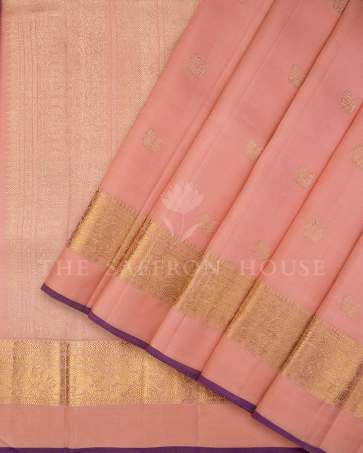 Peach Kanchivaram Silk Saree with Scattered Gold Zari Butis & Peacock Border