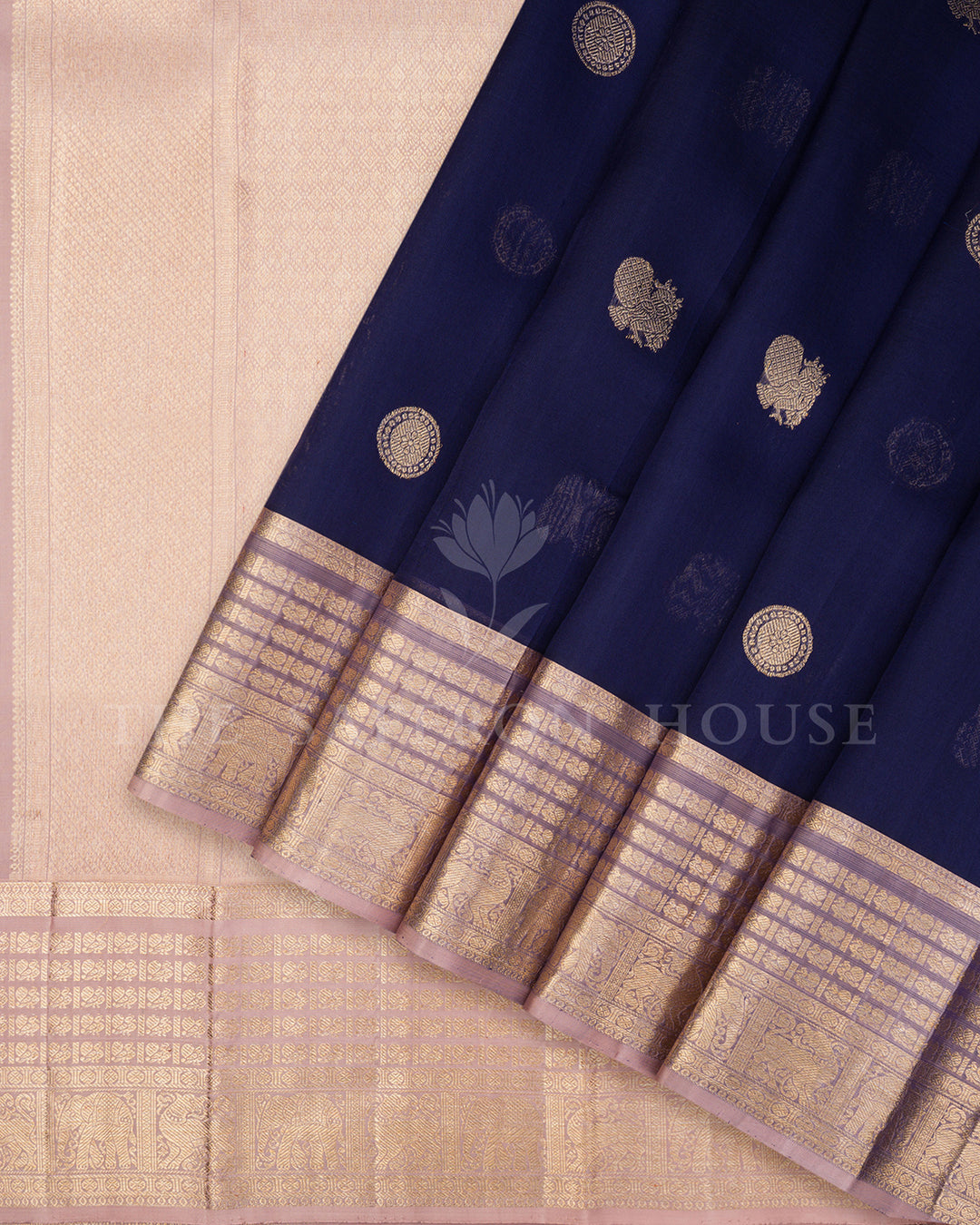 Navy Blue Kora Kanchivaram Silk Saree with Gold Zari Medallions & Peach Elephant Border
