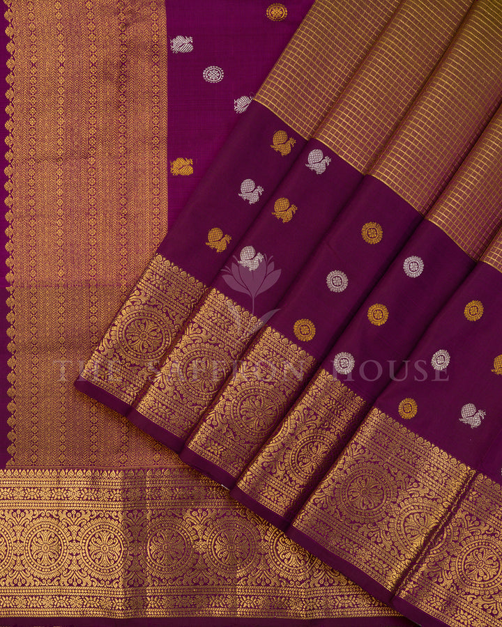 Magenta Kanchivaram Silk Saree with Gold Zari Check Weave & Circular Medallion Border