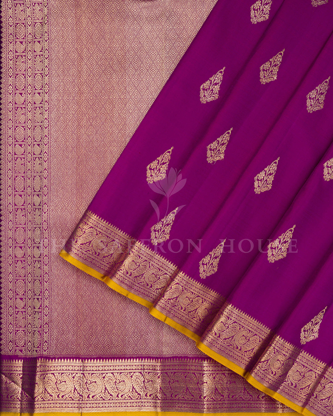 Magenta Kanchivaram Silk Saree with Gold Zari Kalka Butis & Peacock Border, Yellow Contrast Blouse