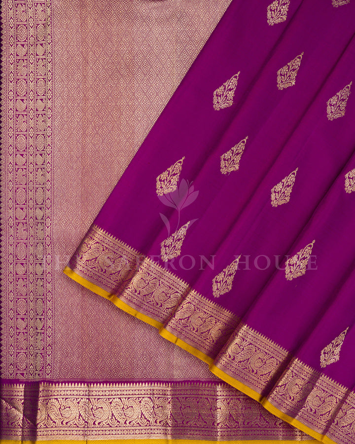 Magenta Kanchivaram Silk Saree with Gold Zari Kalka Butis & Peacock Border, Yellow Contrast Blouse