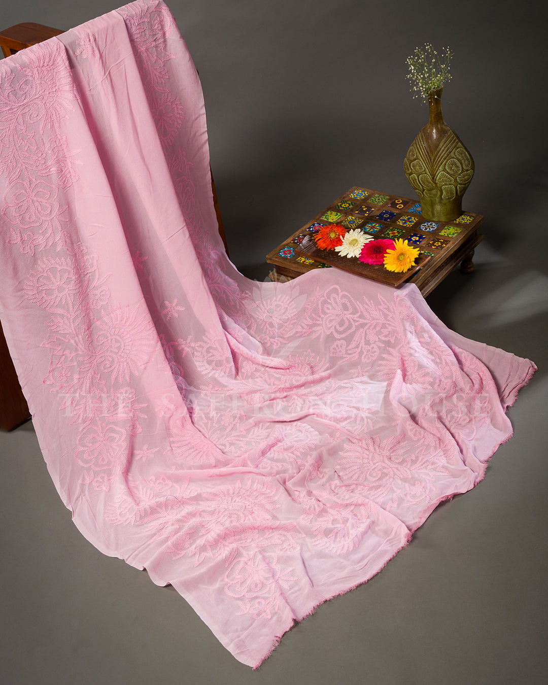 Baby Pink Georgette Chikankari Saree with Tone-on-Tone Floral Embroidery