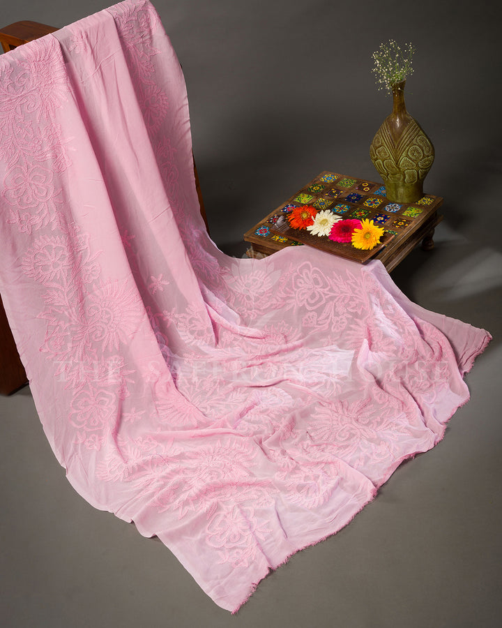 Baby Pink Georgette Chikankari Saree with Tone-on-Tone Floral Embroidery