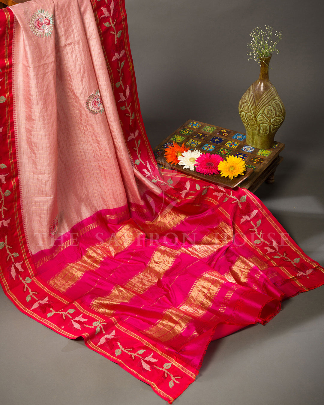 Peach Silk Saree with Zari Check Weave & Hand-Embroidered Rose Vine Border