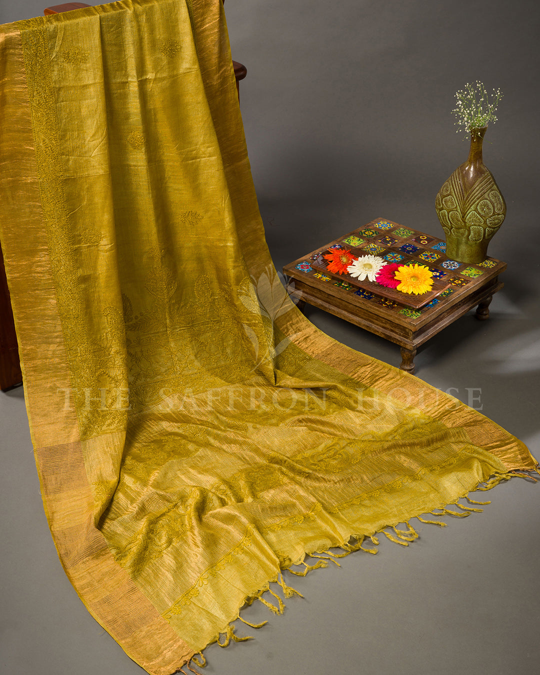 Mustard Olive Tussar Silk Saree with Tone-on-Tone Chikankari Embroidery & Tasseled Edge