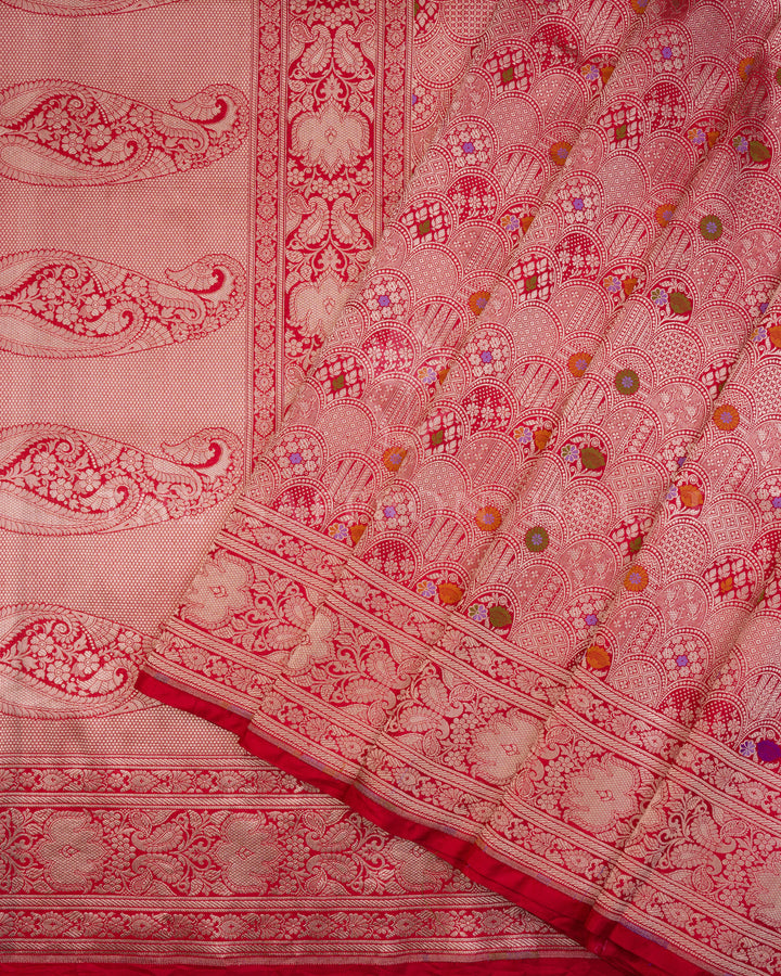Crimson Red Katan Brocade Banarasi Saree with Meenakari Arch Motifs