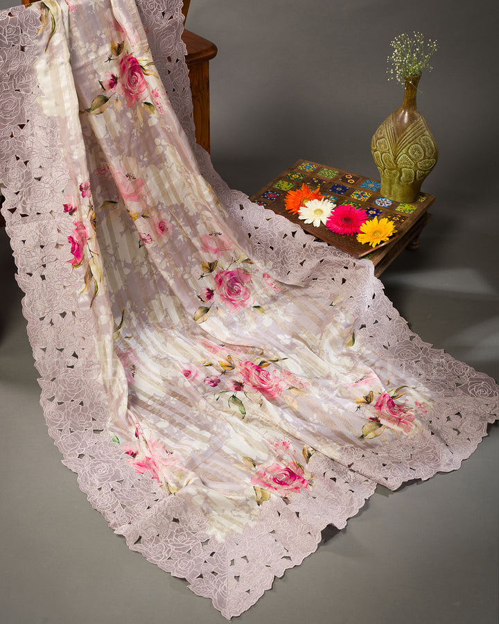 Lavender Organza Saree with Rose Floral Digital Print & Cutwork Scalloped Lace Border
