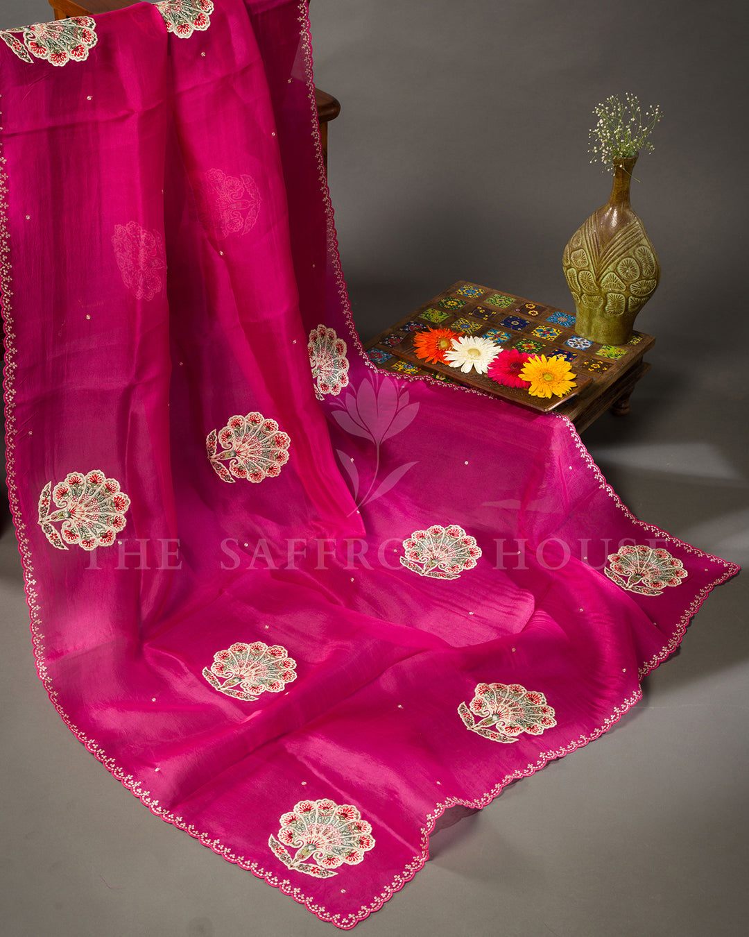 Magenta Pink Organza Saree with Hand Embroidered Floral Fan Motifs & Scalloped Border