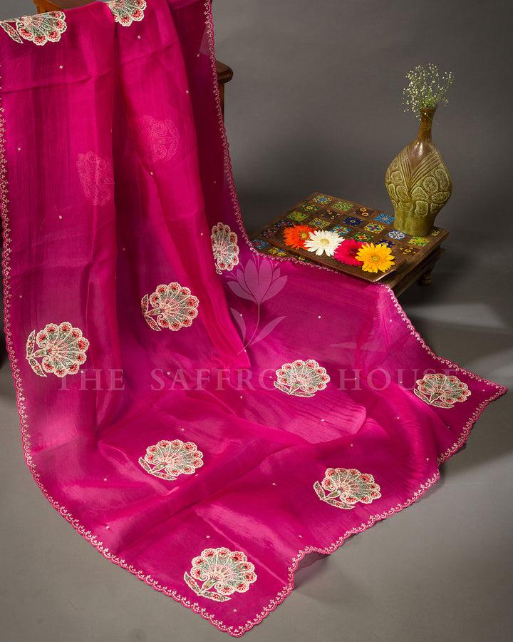 Magenta Pink Organza Saree with Hand Embroidered Floral Fan Motifs & Scalloped Border