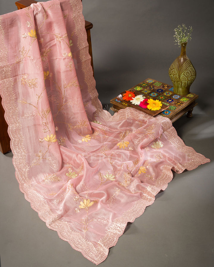Blush Pink Tissue Organza Saree with Gold Sequin Floral Vine Embroidery & Scalloped Border