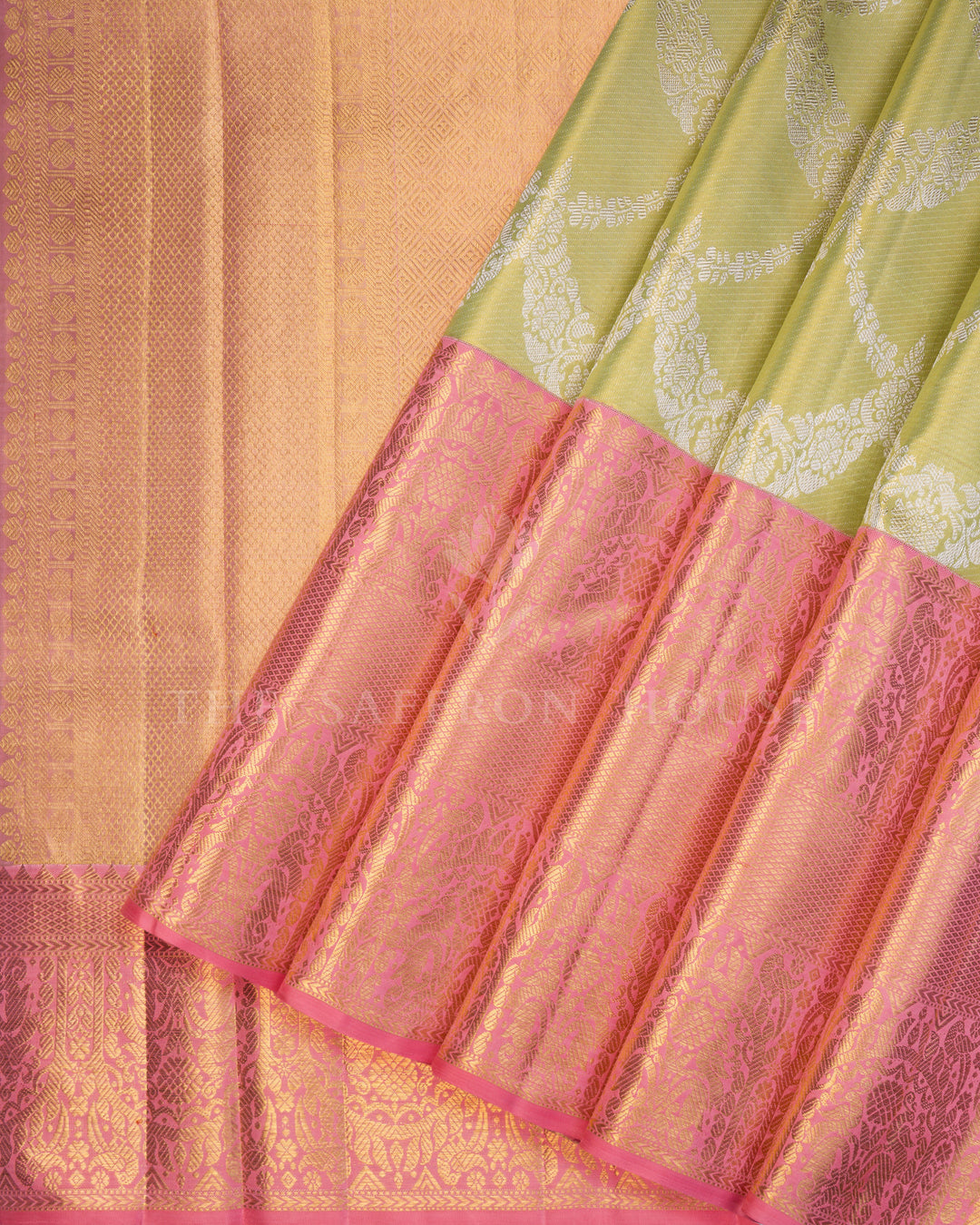 Pure Zari  Kanjivaram Silk Saree in Light Parrot Green and Peach - TSH250049