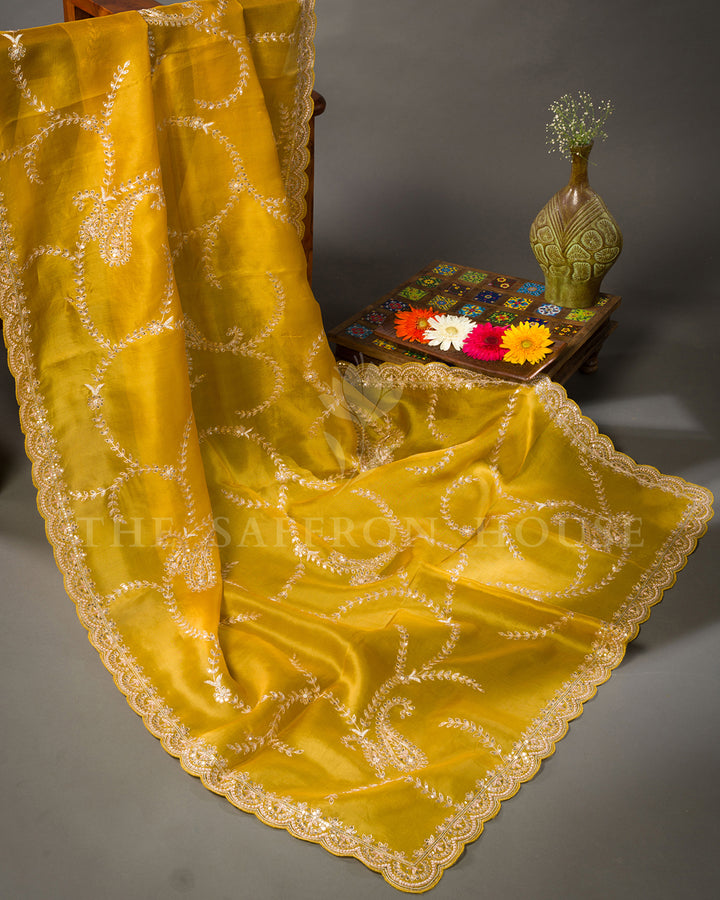 Mustard Yellow Organza Saree with Silver Sequin Paisley Vine Embroidery & Scalloped Border