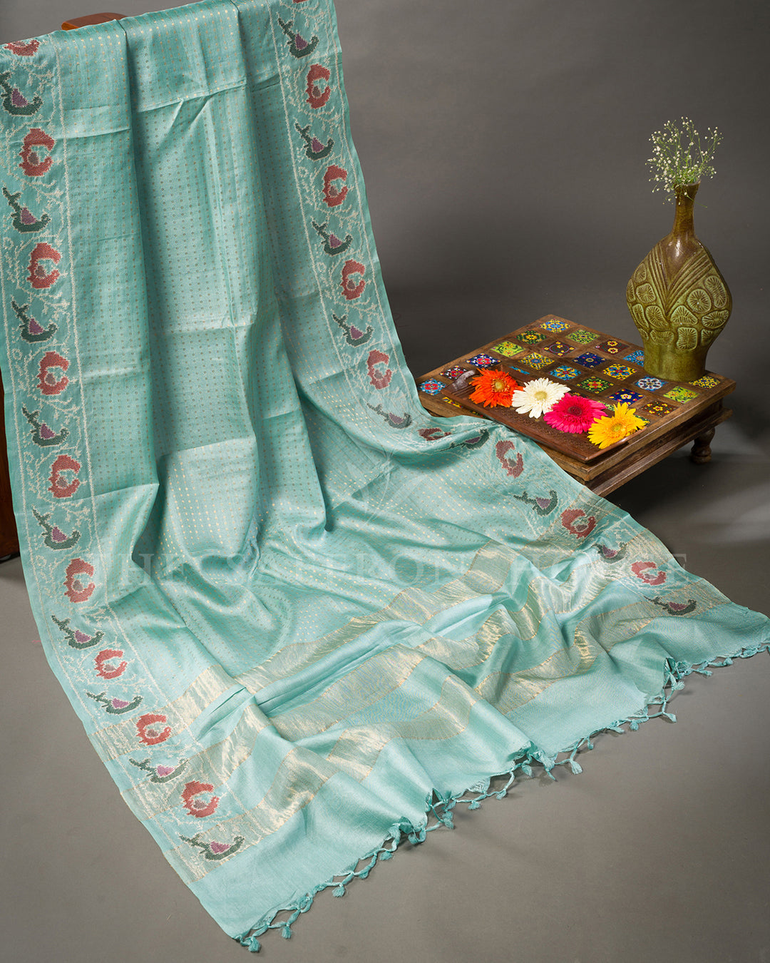 Sea Green Banarasi Silk Saree with Meenakari Peacock Embroidered Border