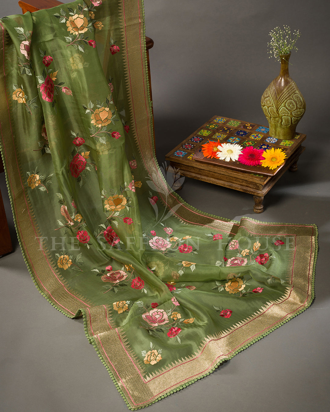 Moss Green Organza Saree with Multicolor Rose Embroidery & Temple Border