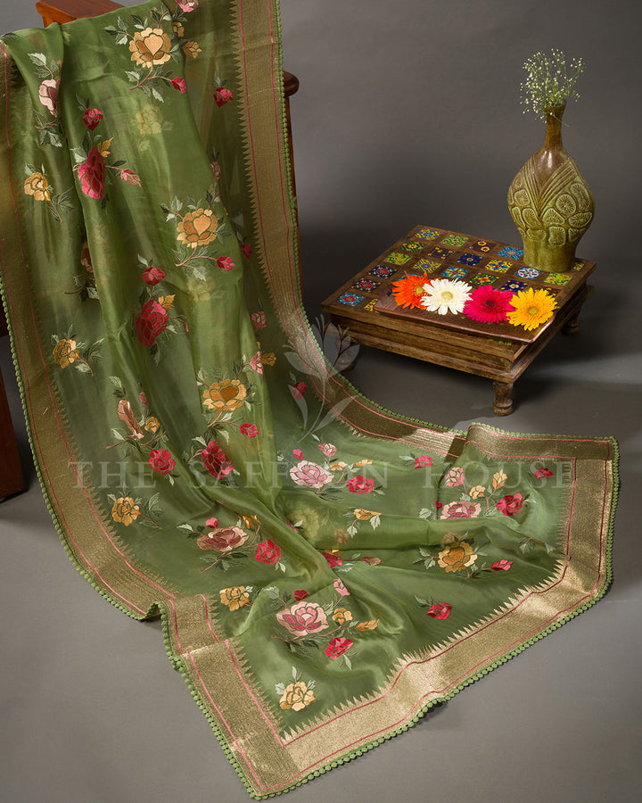 Moss Green Organza Saree with Multicolor Rose Embroidery & Temple Border